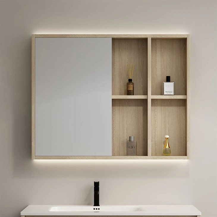 bathroom mirror with cabinet behind